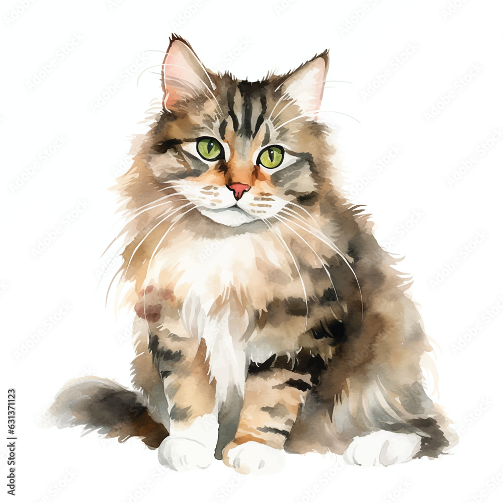 Enchanting White Background Cat Watercolor Art