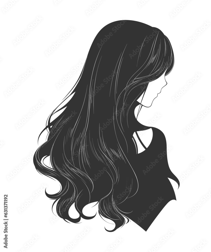 Long Layers Hair Silhouettes Vector, Girl's hairstyles Silhouettes, women's hair silhouette, Hair black silhouettes illustration	
