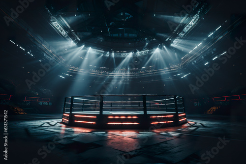 An unoccupied boxing arena for competitive events. A stadium featuring a mesh floor and powerful spotlights, intended for MMA matches. Generative AI © Vagner Castro
