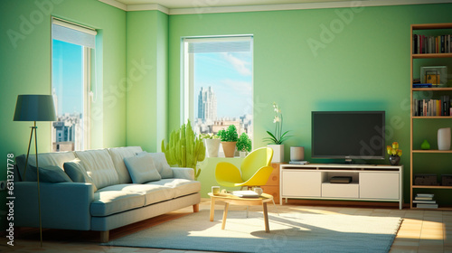 グリーンの壁紙が印象的な暖かい雰囲気ノンテリア