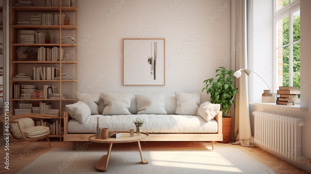 Obraz premium 白を基調としたリラックスできるインテリアの日当たりが良いリビング