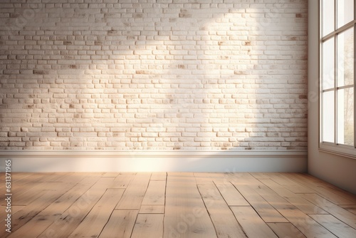 Empty white brick wall and wooden floor with fascinating glare from the window