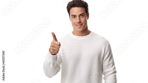 young attractive man checking out promo offer, pointing thumb left and staring at banner