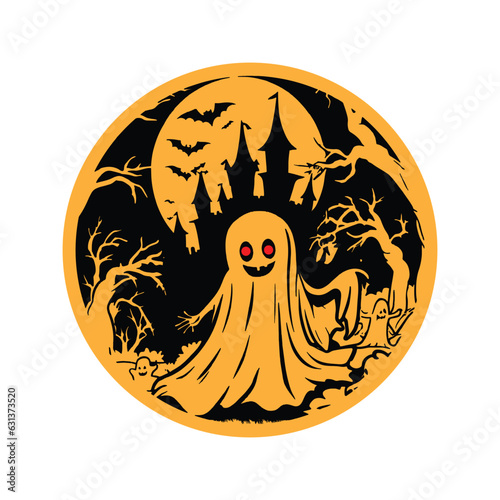 ghost halloween on the forest castle tree vector design sticker