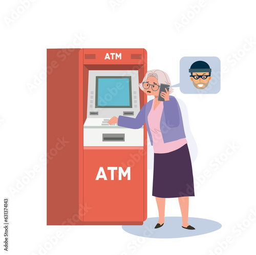 Deceptive Money Transfer concept. A scammer is tricks an elderly woman into transferring money at ATM machine.
