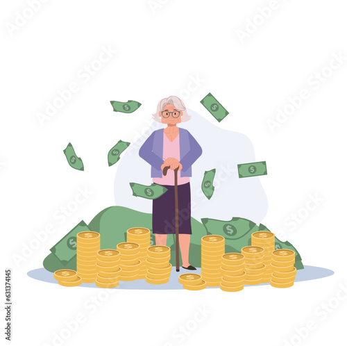 Elegant Retirement Wealth concept. Senior Lady Surrounded by Money. Rich Elderly Woman Enjoying Financial Success