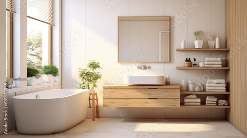 Bright bathroom interior with wooden vanity, parquet floor. 3d rendering, Generative Ai