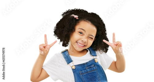 Little girl, portrait smile and peace sign with wink in casual fashion posing isolated on a transparent PNG background. Happy young kid or child with emoji, v hand gesture or symbol in happiness