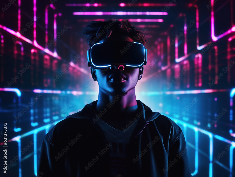 AI artificial intelligence man dark - skinned wearing VR glasses virtual global world internet connection and a new experience in the future metaverse. Metaverse technology concept: innovation of the AI artificial intelligence man dark - skinned wearing VR glasses virtual global world internet connection and a new experience in the future metaverse. Metaverse technology concept: innovation of the