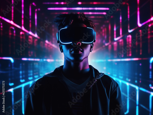 AI artificial intelligence man dark - skinned wearing VR glasses virtual global world internet connection and a new experience in the future metaverse. Metaverse technology concept: innovation of the © AMK 