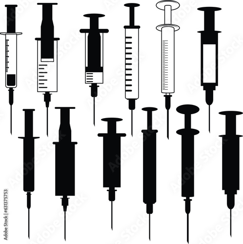 Set of black and white syringes clipart. Syringe silhouettes