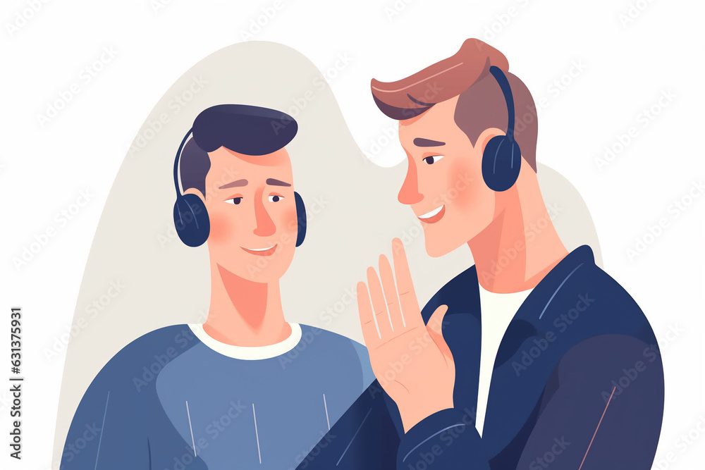 Generative AI. Collective portrait of teenagers in trendy clothes and piercings use devices. Young people with stylish hairstyles pose. Two guy with headphones Generative AI. Collective portrait of teenagers in trendy clothes and piercings use devices. Young people with stylish hairstyles pose. Two guy with headphones