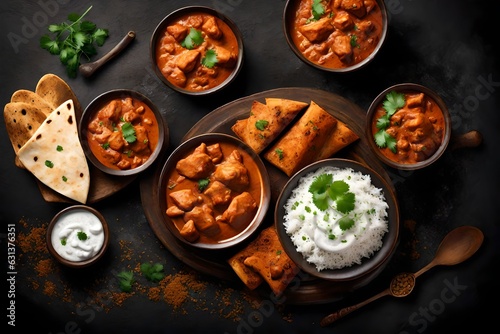 Traditional Indian dish Chicken tikka masala with spicy curry meat in bowl, basmati rice, bread naan, yoghurt raita sauce on rustic dark background, top view, close up. Indian style dinner from above 