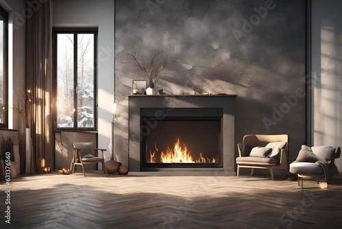 fireplace in winter time 3d rendering