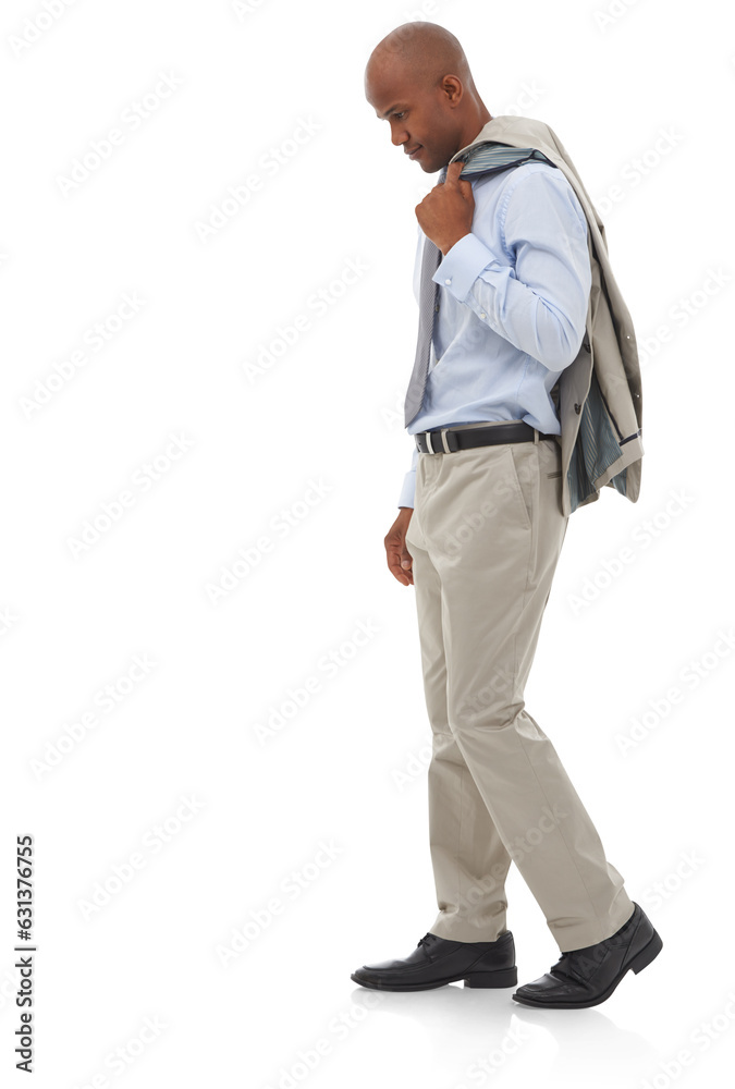 Sad, business man and walking with worry of unemployment, burnout and stress of fatigue, resignation and isolated on transparent png background. Depressed african worker, poor economy and bankruptcy Sad, business man and walking with worry of unemployment, burnout and stress of fatigue, resignation and isolated on transparent png background. Depressed african worker, poor economy and bankruptcy