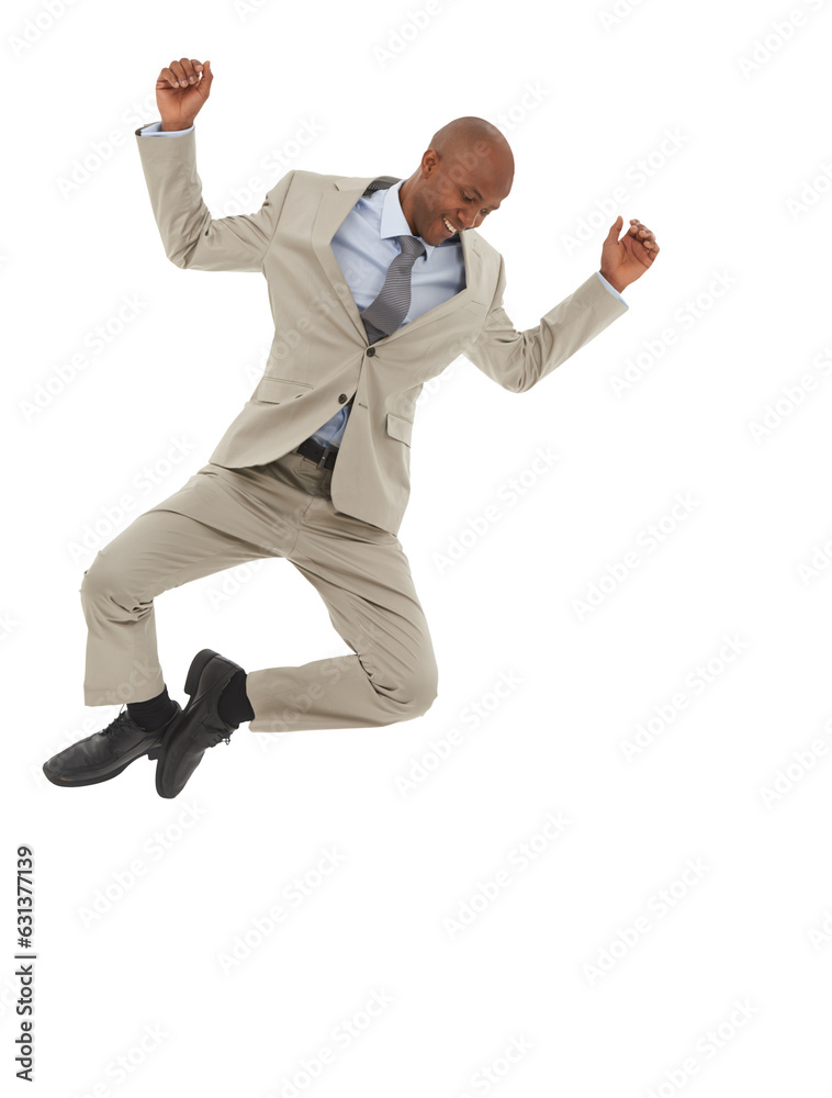 Jump, success and a business man celebrate isolated on a transparent, png background. Professional African person excited for win, achievement and corporate career victory or lottery bonus in air Jump, success and a business man celebrate isolated on a transparent, png background. Professional African person excited for win, achievement and corporate career victory or lottery bonus in air