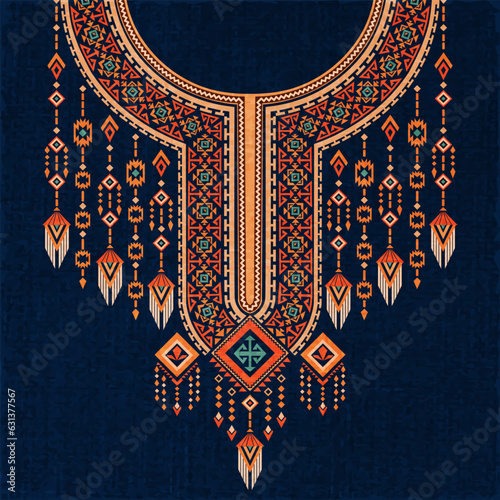 The vibrant symmetric abstract geometric neckline pattern design in Navajo Indian style. This design is for decorating the neck of a kaftan dress, round-neck shirt, African clothing and robe.