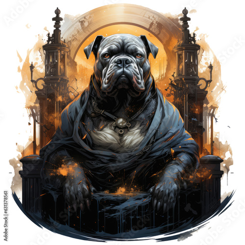 An English Bulldog Halloween t-shirt design featuring a regal bulldog as a king of the underworld, Generative Ai