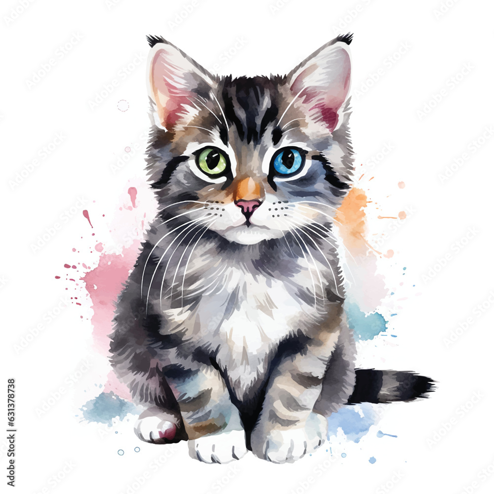 Beautiful White Background Cat Watercolor Pose