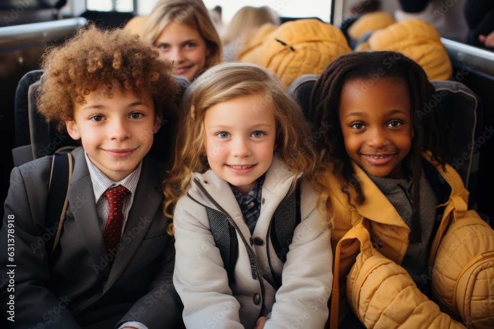 Obraz premium Student sitting on the seat looking at Confidence camera on the school bus