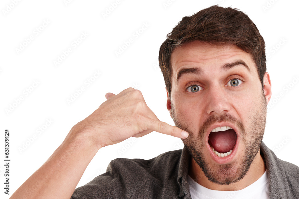 Phone call, surprise and hand gesture with portrait of man on png for news, announcement and communication. Shocked, shouting and wow with face of person isolated on transparent background for gossip Phone call, surprise and hand gesture with portrait of man on png for news, announcement and communication. Shocked, shouting and wow with face of person isolated on transparent background for gossip