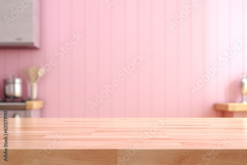 An empty wooden table with a blurred light pink kitchen background.  Generative AI 