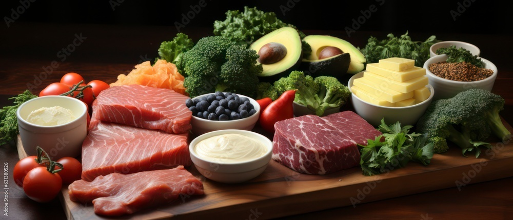 photo realistic, Low carb Diet, Eat fewer carbs and more foods rich in protein and fats photo realistic, Low carb Diet, Eat fewer carbs and more foods rich in protein and fats