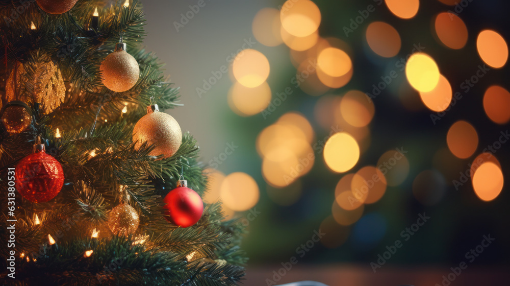 Close-Up of Christmas Tree with Decorations and Beautiful Lighting, Against a Bokeh-Blurred Background, Set in a Cozy Room During Christmas Day. Generative AI Close-Up of Christmas Tree with Decorations and Beautiful Lighting, Against a Bokeh-Blurred Background, Set in a Cozy Room During Christmas Day. Generative AI