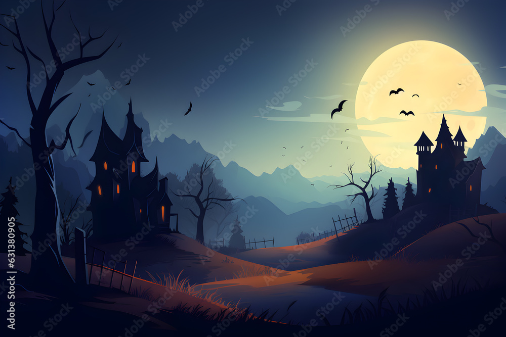 Halloween wallpaper with a castle with full moon night, Generative AI