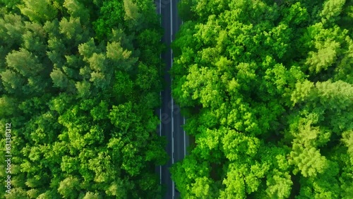 View from the drone on an extremely lively and green forest in the middle of which the street runs. Aerial view of the street and lovely forest.
