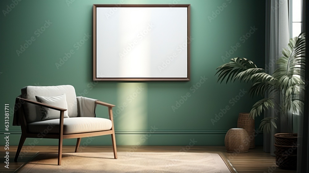 Mock up poster frame in dark green living room interior, ethnic style, 3d render Mock up poster frame in dark green living room interior, ethnic style, 3d render