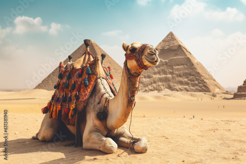 Camel sitting in front of the Pyramids