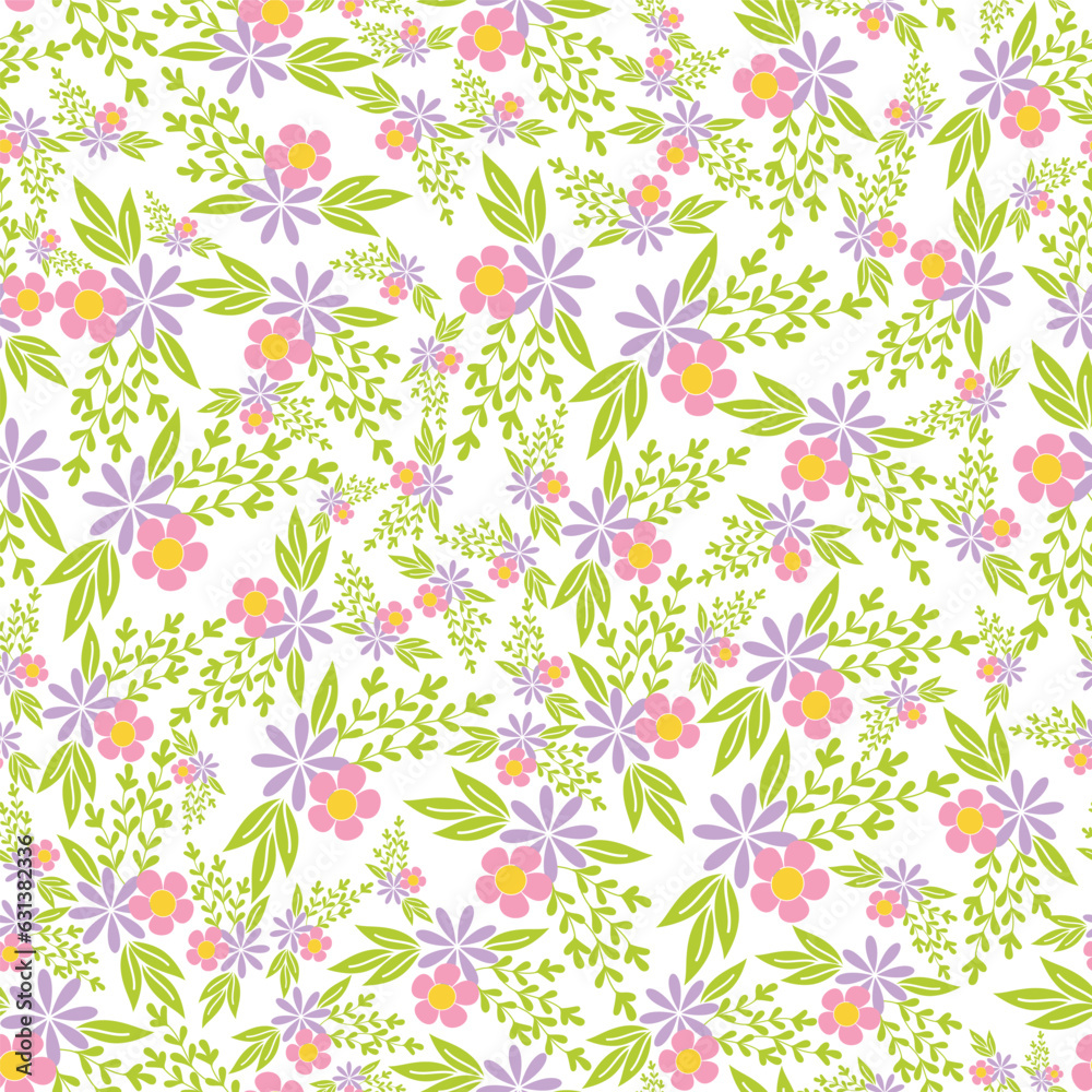 seamless repeat pattern with beautiful pink and purple floral motifs with green leaves on white background perfect for fabric, scrap booking, wallpaper, gift wrap projects
