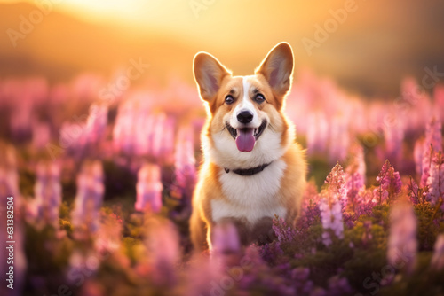 Charming corgi dog in flowers in spring mountains, soft lightinig