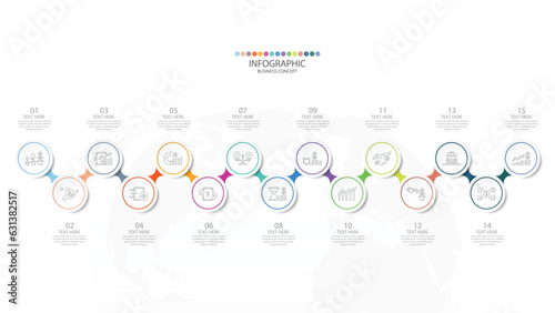 Infographic process design with icons and 15 options or steps.