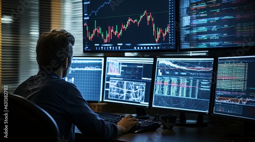 businessman stock financial specialist trader broker working with monitor screen with stock chart and indicator man working hard to make decision for risk and wealth management,ai generate