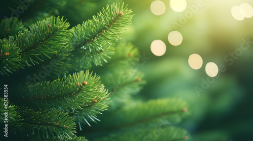 Close-Up of Christmas Tree Garland Greenery with Blurred Background and Bokeh. Generative AI