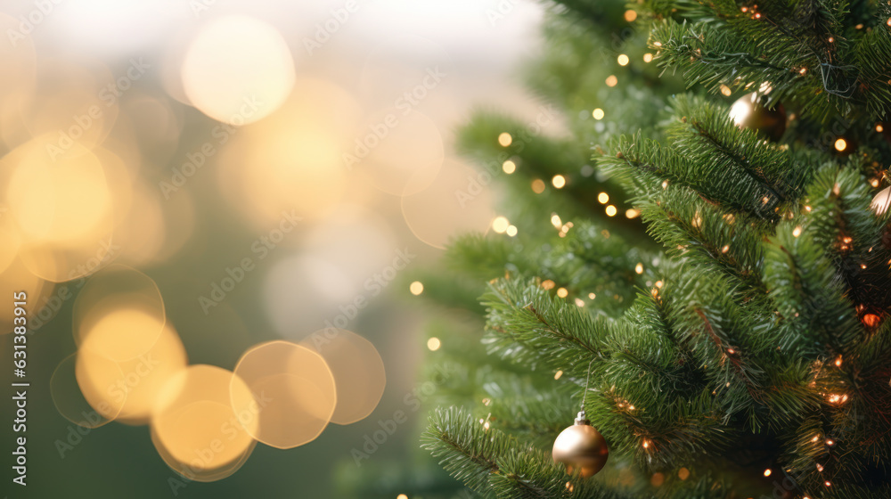 Close-Up of Christmas Tree Garland Greenery with Blurred Background and Bokeh. Generative AI
