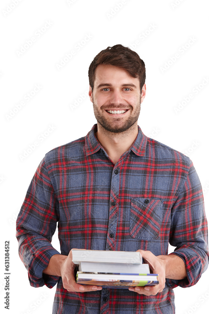 Man, smile in portrait and books with education, scholarship and knowledge isolated on png transparent background. Reading material, textbook and male student with studying, research and learning Man, smile in portrait and books with education, scholarship and knowledge isolated on png transparent background. Reading material, textbook and male student with studying, research and learning