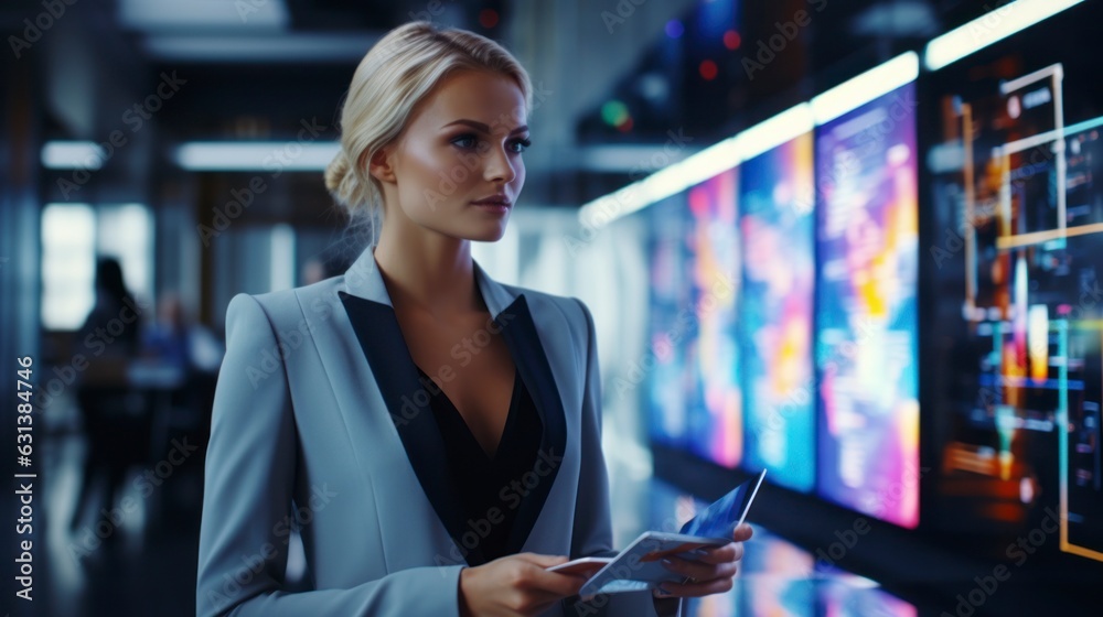 Elegant businesswoman using a futuristic holographic interface, technology, finance, vibrant colors Elegant businesswoman using a futuristic holographic interface, technology, finance, vibrant colors