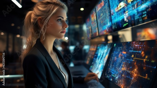 Elegant businesswoman using a futuristic holographic interface, technology, finance, vibrant colors