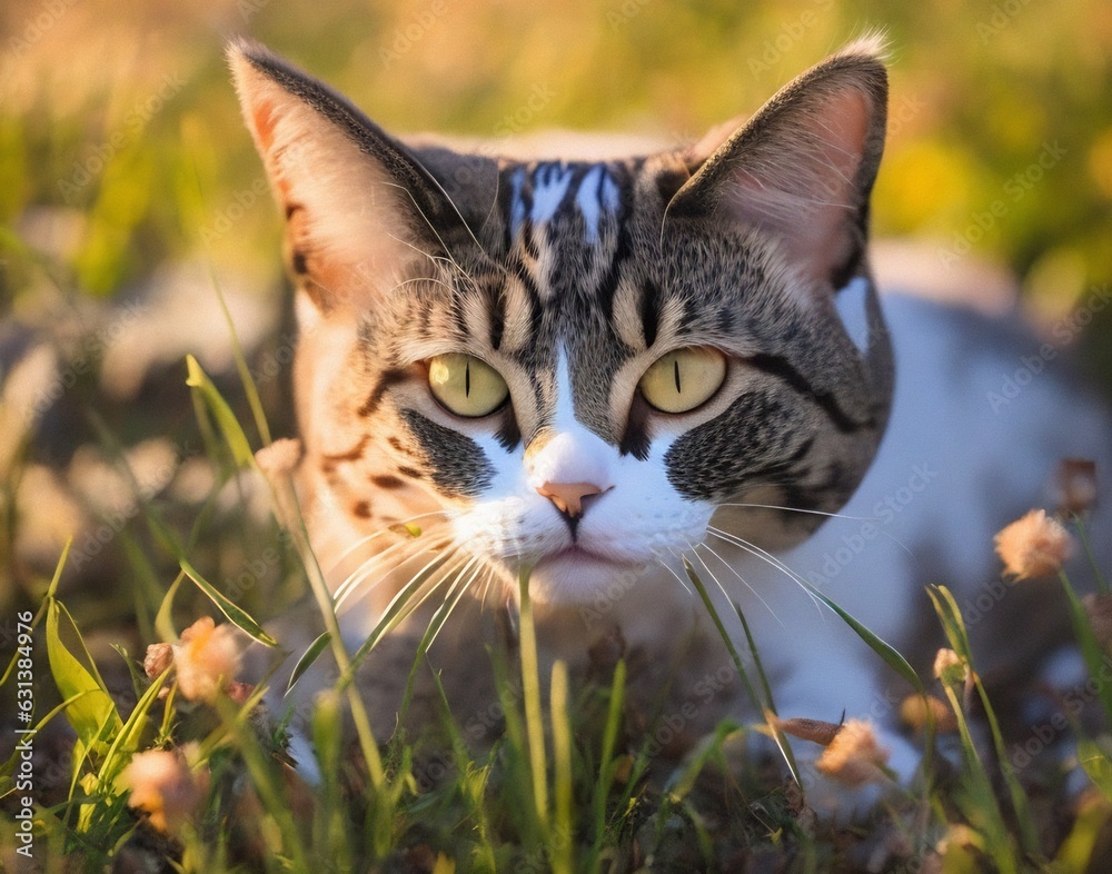 Little cat hiding in the grass