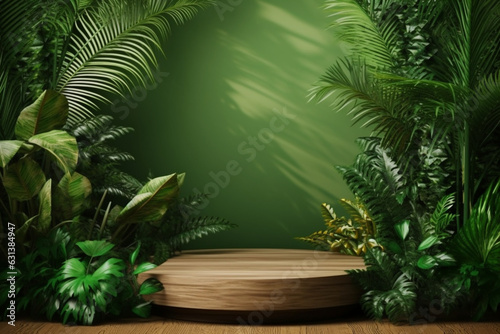 Circle wood pedestal in tropical forest for product presentation and green wall