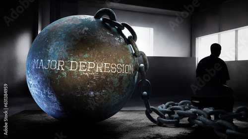 Major depression - a metaphorical view of exhausting human struggle with major depression. Taxing and strenuous fight against a heavy weight. Pain in isolation and loneliness,3d illustration photo