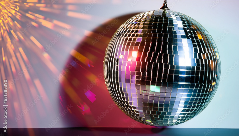 Fototapeta premium disco ball on a blue background, vibrant and energetic graphic featuring a disco ball in full swing. The composition incorporates neon colors and dynamic light,Ai Generate