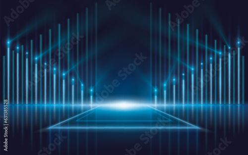Abstract futuristic neon lights background. Elegant scene Lighting. Light show on stage vertical glowing. Abstract dynamic lights lines and laser show
