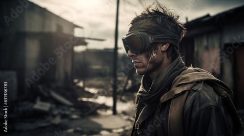A blindfolded warrior in a post-apocalyptic city, destroyed city during the war