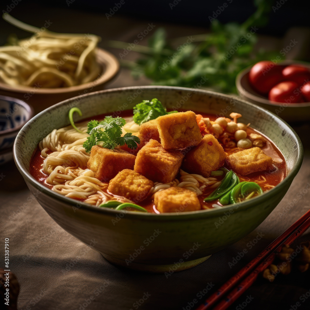 A bowl of curry mee with noodles
A bowl of curry mee with noodles