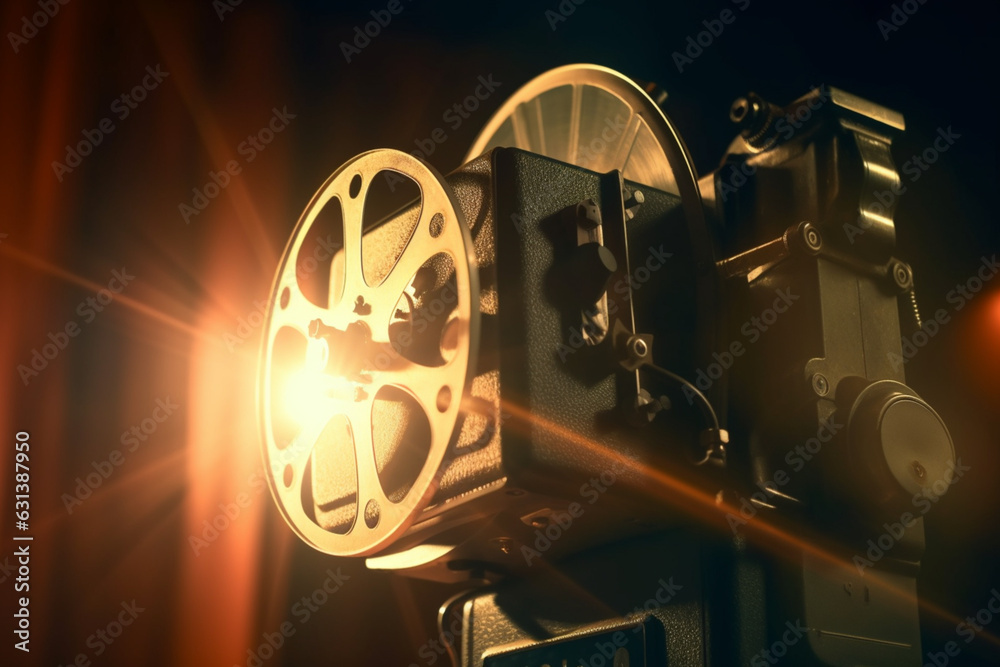 Close-up of old cinema projector with beam of light