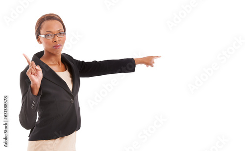 Canvas Print Hand, pointing and portrait of teacher with discipline, stern warning or presentation on transparent, isolated or png background